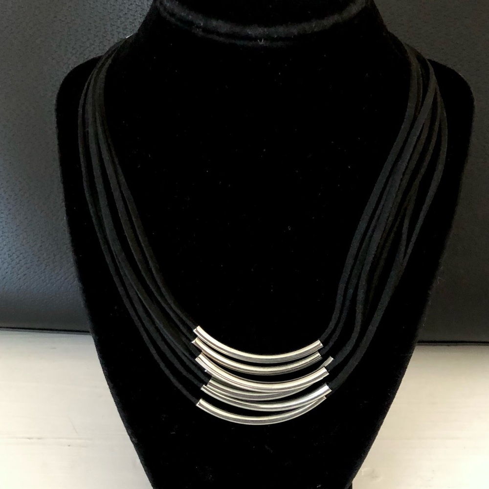 Black Layered Silver Bar Necklace